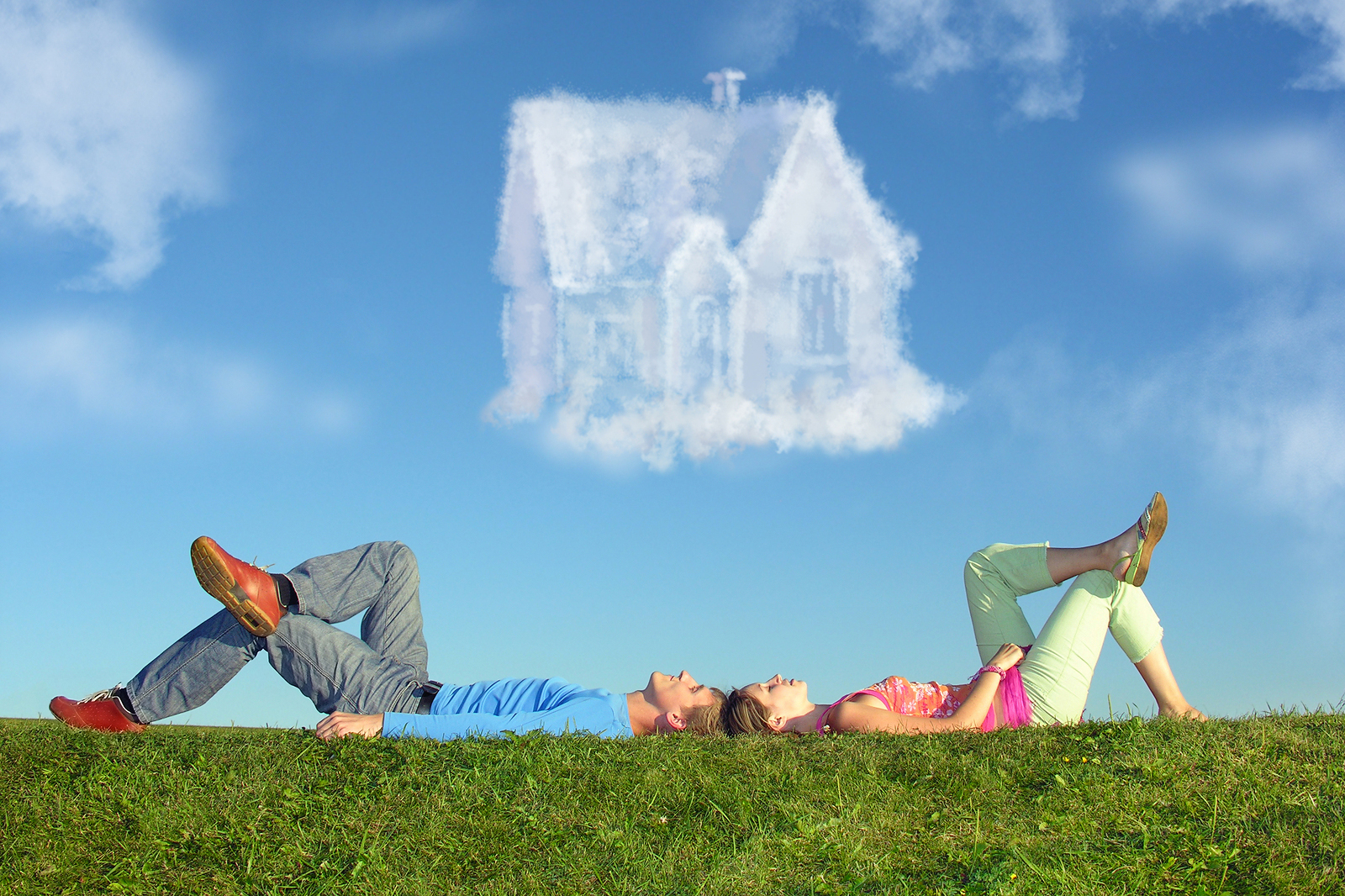 Lying Couple On Grass And Dream House Collage